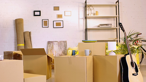 acoustic guitar near plant and mugs with plates on carton boxes