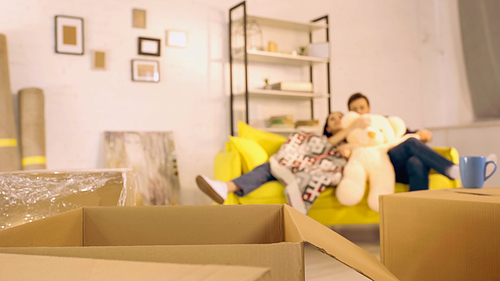 blurred couple sitting on sofa with teddy bear near boxes in new home