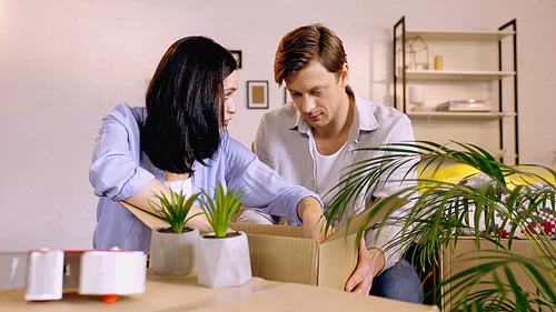 young woman looking at boyfriend and packing box near plants