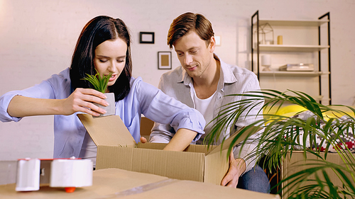 young woman packing plant in box near boyfriend