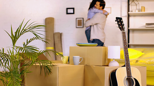 acoustic guitar, plant and boxes near blurred couple hugging on background