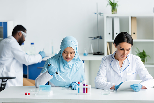 Arabian scientist using electronic pipette near test tubes and colleague with digital tablet in lab