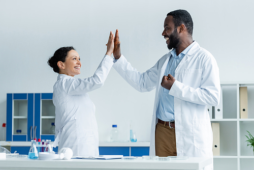 African american scientists giving high five near test tubes and petri dishes in lab