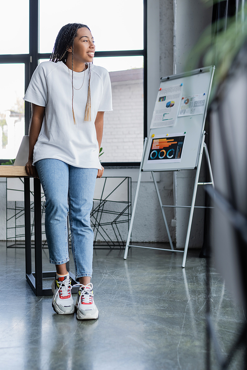 Smiling african american businesswoman in casual clothes looking away in office