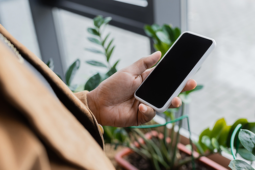 Cropped view of african american businesswoman holding smartphone with blank screen in office