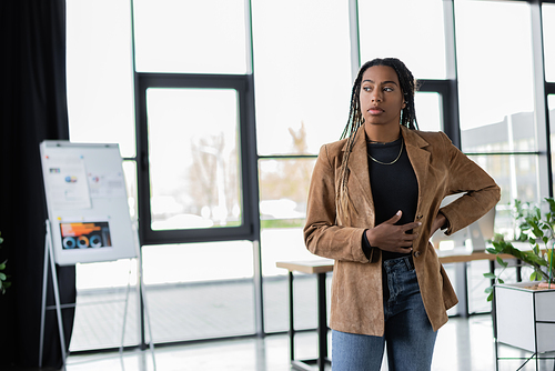 African american businesswoman in jacket standing in office