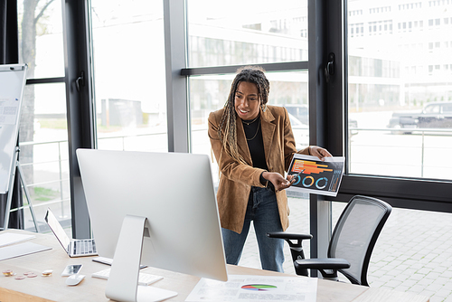 KYIV, UKRAINE - APRIL 27, 2022: african american businesswoman holding charts during video call near bitcoins on table