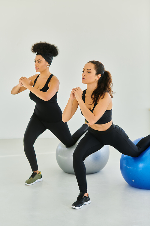 two diverse female friends exercising on fitness balls during pilates class, motivation and strength