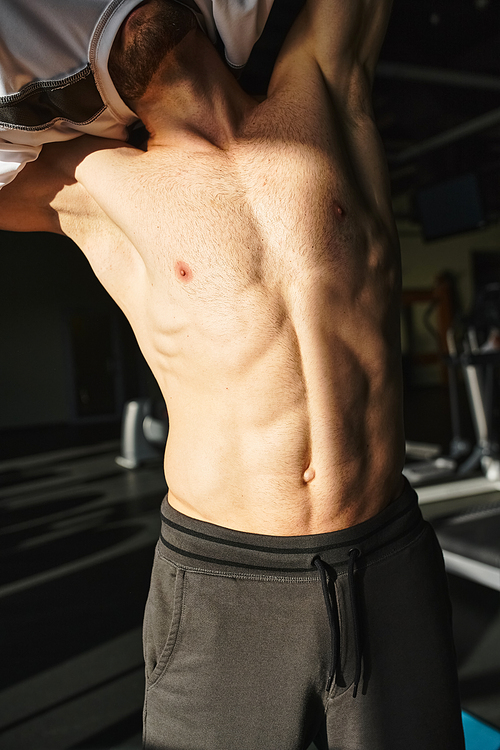 A muscular man without a shirt is standing in a gym, showcasing his sculpted physique as he works out.