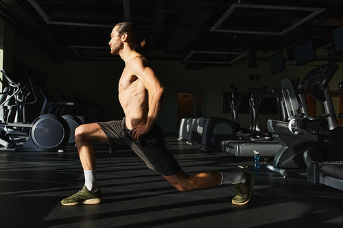 A shirtless man with muscles doing squats in a gym.