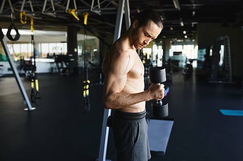 A shirtless man showcasing his muscular physique while holding gym equipment in a gym setting.