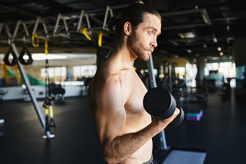 A shirtless man in a gym holding a dumbbell, showcasing his muscular physique and dedication to fitness.