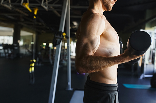 Shirtless man showcasing muscle definition while holding a dumbbell in a gym.