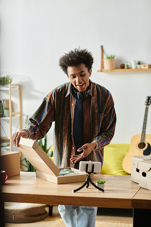 Man eagerly opens box in cozy living room.