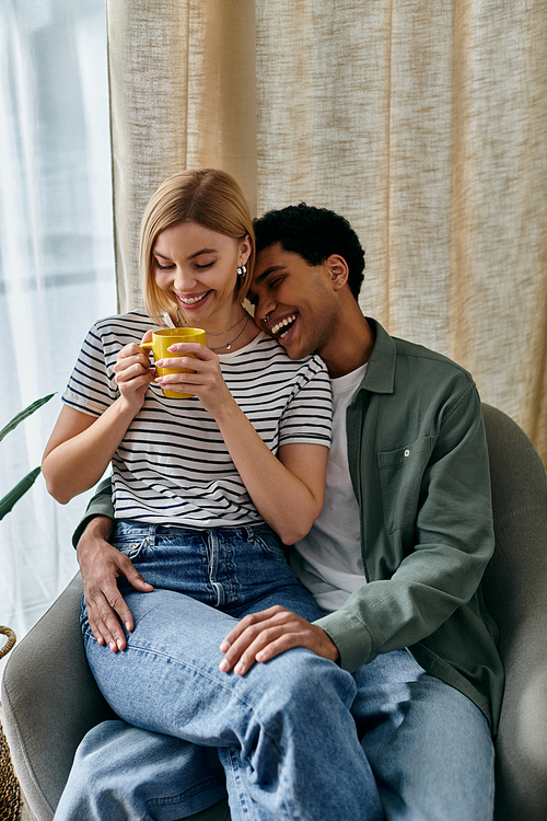 A young couple enjoys a quiet moment together in their apartment.