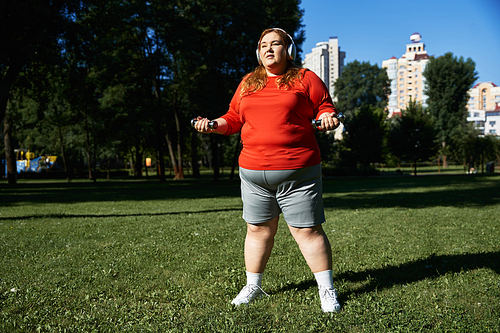 A confident woman stretches and exercises outdoors in the park.