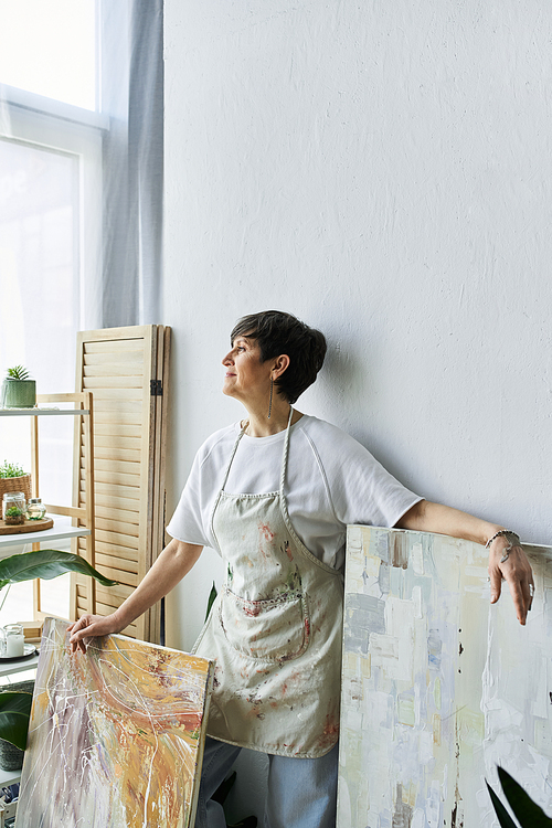 A painter enjoys a moment of inspiration in her vibrant art studio.