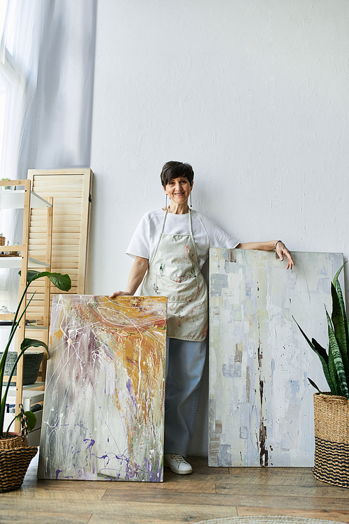 A joyful painter displays her vibrant artwork in the creative space.