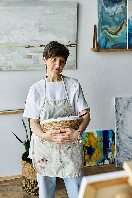 A painter thoughtfully gazes around her vibrant art studio.