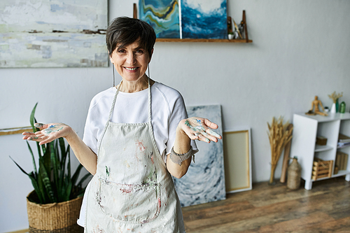 A joyful artist showcases her colorful hands in a sunlit creative space.