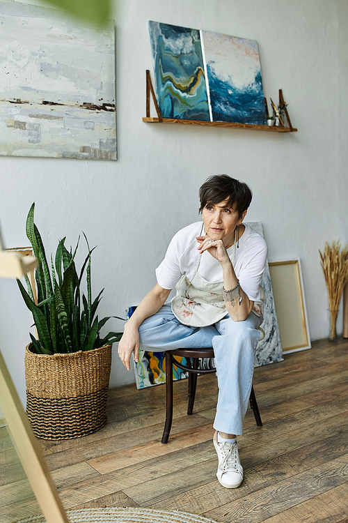 An artist contemplates her next brushstroke in a sunlit studio.