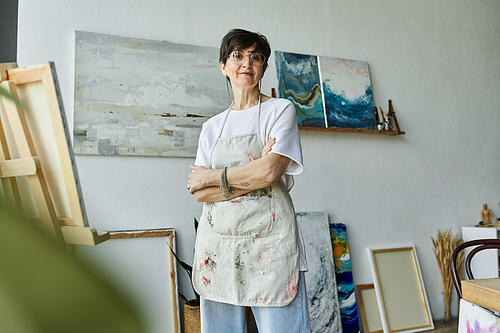 A painter in her studio enjoys a moment of inspiration amidst her artwork.