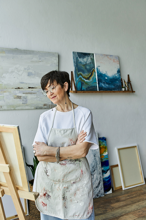 A painter enjoys a moment of contemplation in her colorful art studio.