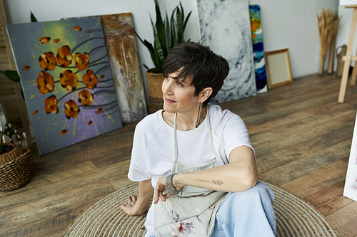 A painter calmly enjoying her creative space surrounded by artwork.