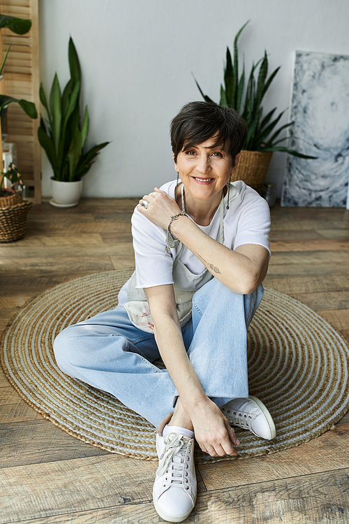 A joyful woman creates art while seated on a woven rug.