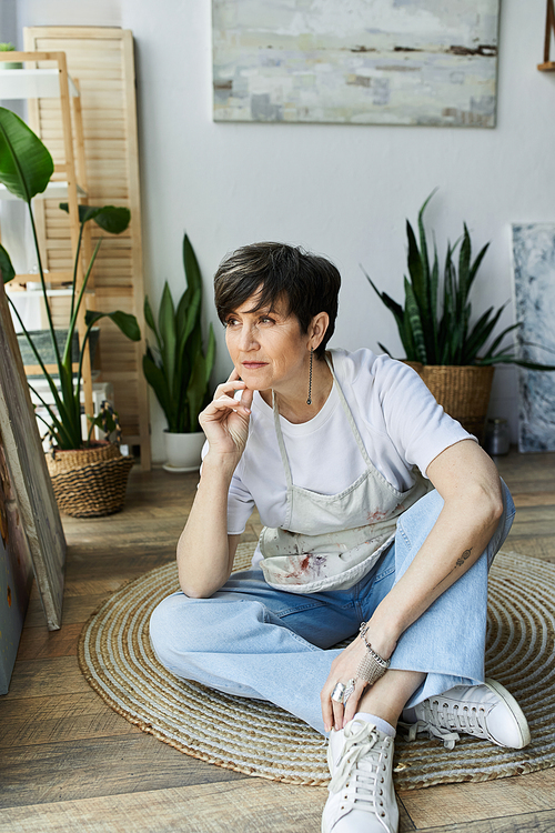 A woman reflects while sitting on the floor of her art studio.