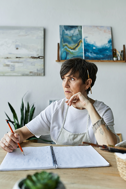 A contemplative artist creates in her vibrant studio space.