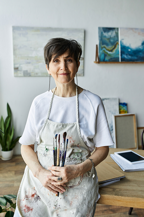 A mature woman enjoys creative time in her inviting art studio surrounded by her work.