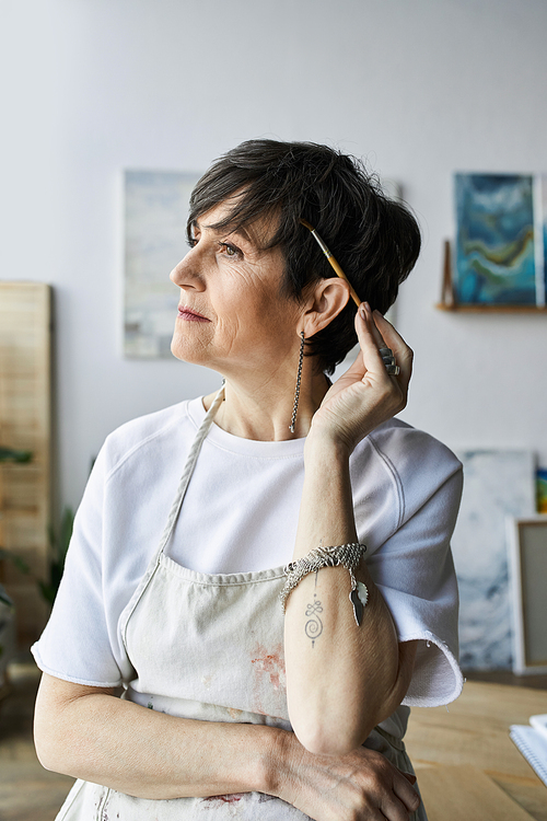 A painter reflects thoughtfully in her creative space.