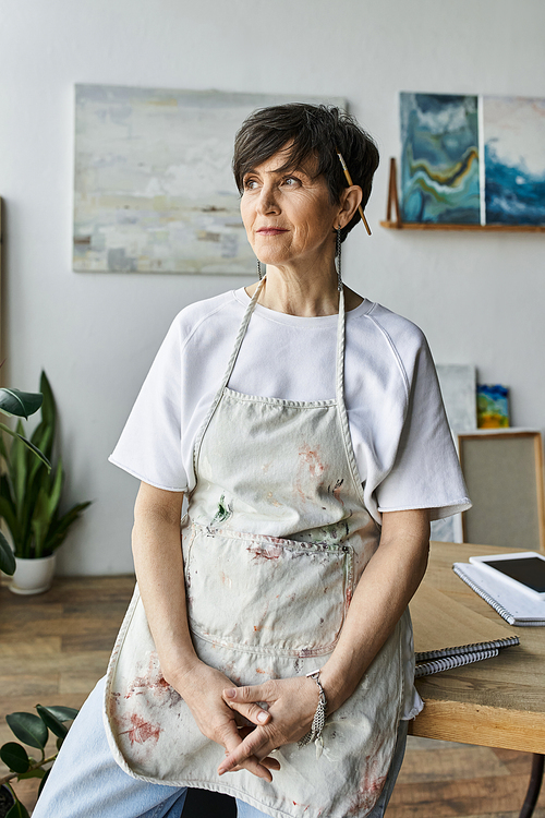 A thoughtful artist contemplates her next masterpiece in a bright studio.