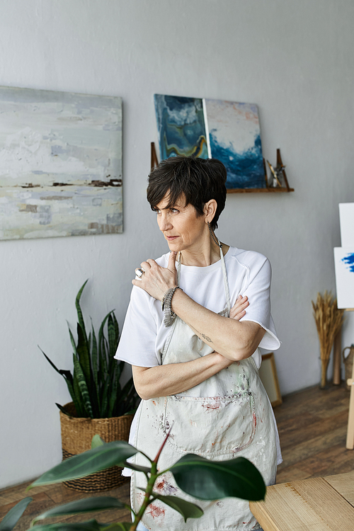 A woman contemplates her artwork in a bright, inspiring studio.