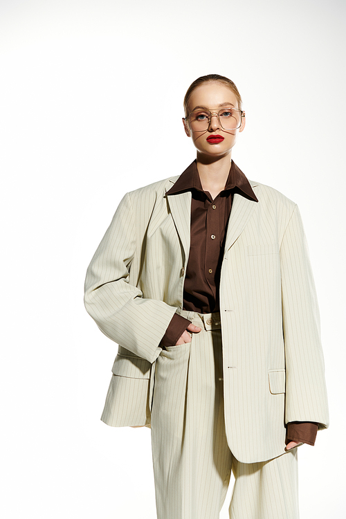 A young woman wears a cream blazer and pants, standing against a white background.