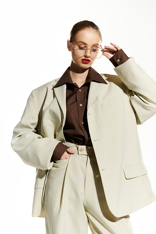 A woman in a white suit adjusts her glasses.