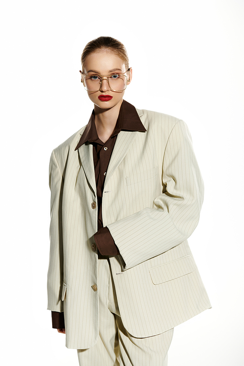 A young woman wearing a white blazer, brown shirt, and glasses.