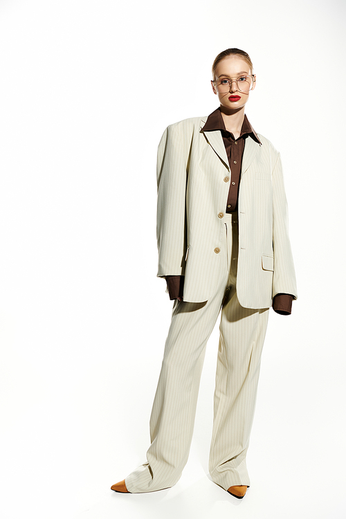 A young woman wearing a white suit with a brown shirt poses against a white backdrop.