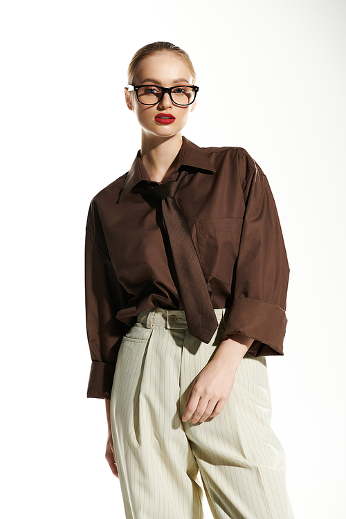 A young woman wearing a brown button-down shirt with a black tie and cream trousers.