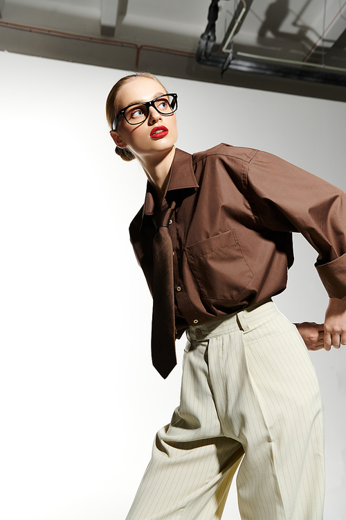 A young woman in a brown shirt and white pants stands with her head tilted, gazing upward.