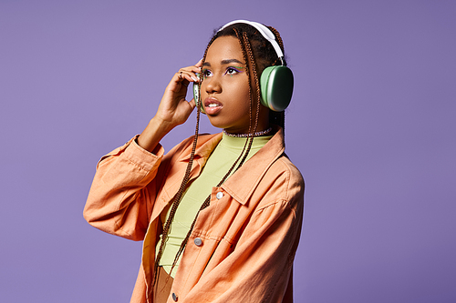 dreamy african american woman in 20s listening music in wireless headphones on purple background