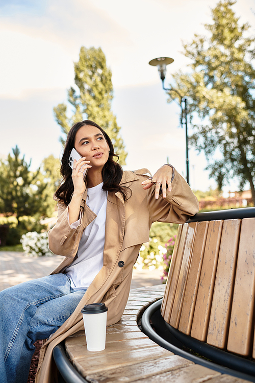 A beautiful woman in warm autumn attire relaxes on a park bench, engaged in conversation.