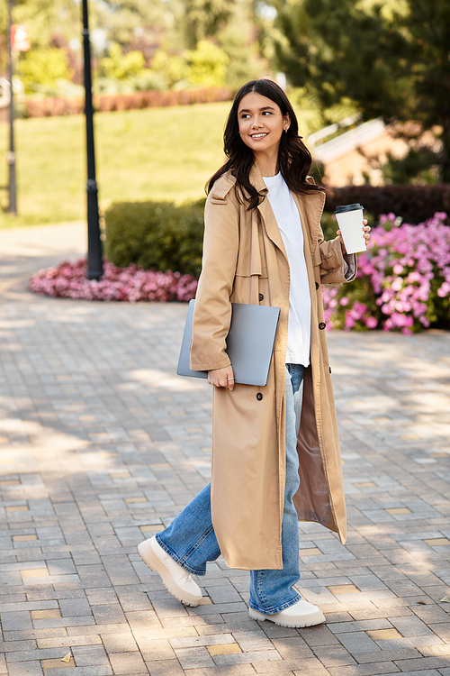 A joyful girl strolls through a vibrant park in autumn, sipping coffee and carrying her laptop.