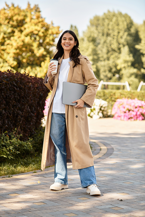 A cheerful young woman strolls through a vibrant autumn park, holding a coffee and laptop.