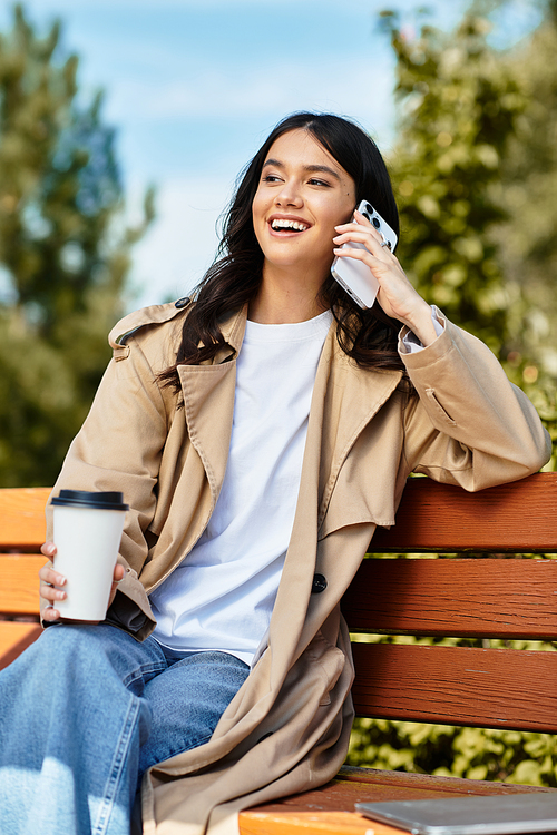 A young woman in warm attire smiles while chatting on the phone, sipping coffee in the park.