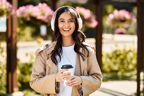 A cheerful woman in cozy fall attire smiles while holding a coffee cup outdoors.