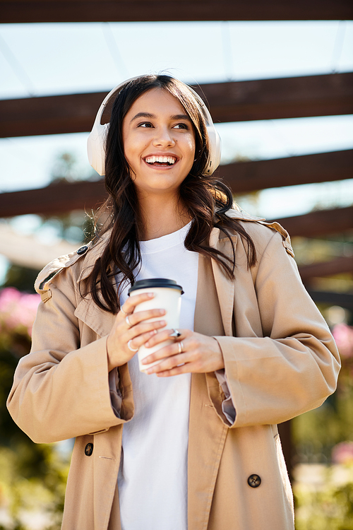 The cheerful woman in warm attire strolls through a vibrant park, sipping her drink and smiling.