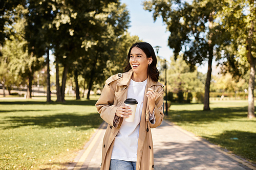 A young woman dressed in cozy autumn attire walks happily through a park, sipping her drink.