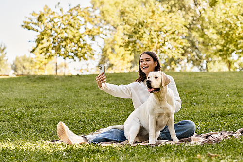 A young woman dressed warmly enjoys an autumn day in the park while smiling at her dog.